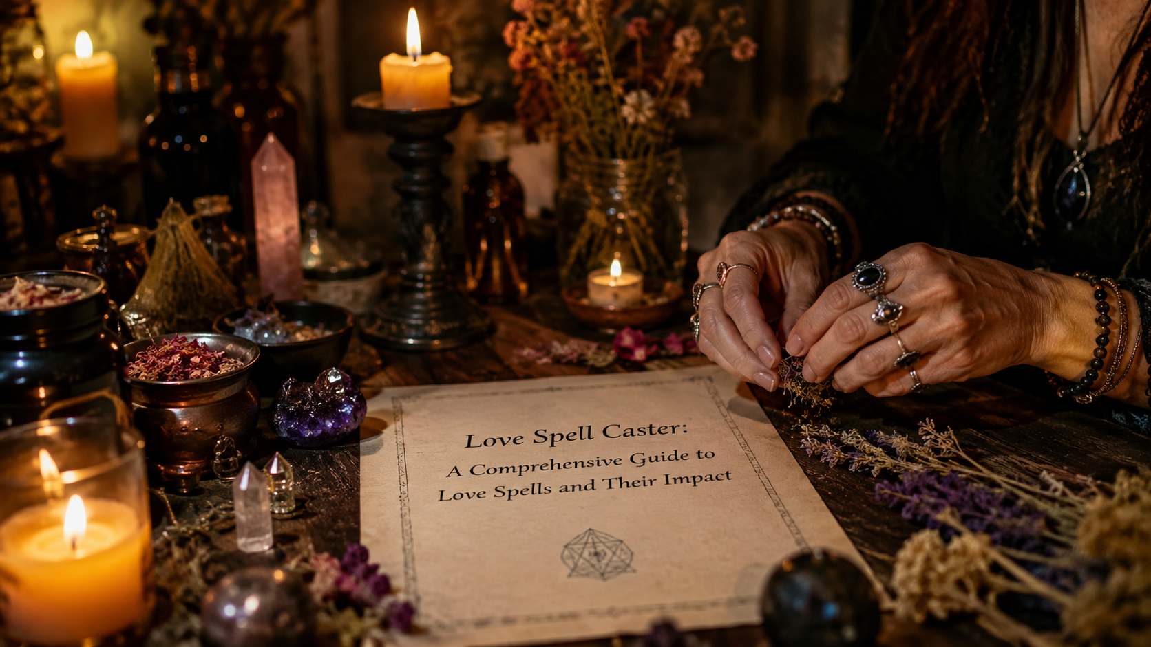 Love spell caster guiding a couple through a romantic ritual with candles, crystals, and handwritten intentions to attract love