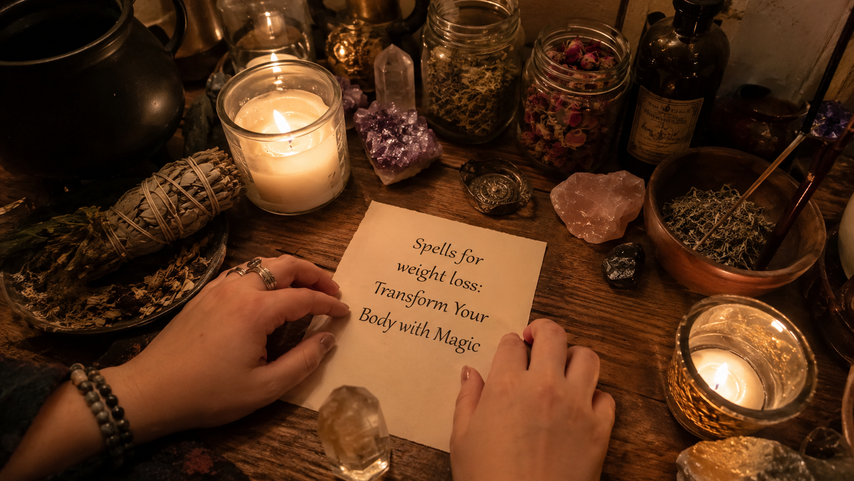 Spell candles, crystals, and herbs for weight loss rituals to support body transformation and mindful wellness magic.