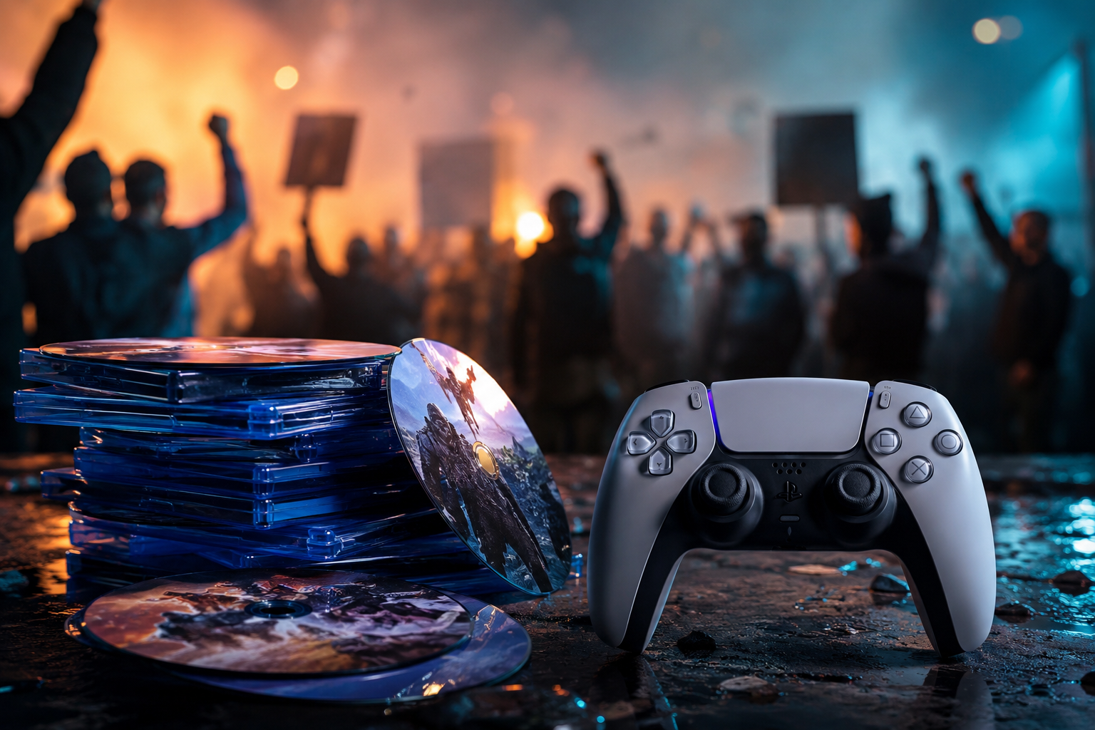 PlayStation controller and boxed games with players in the background