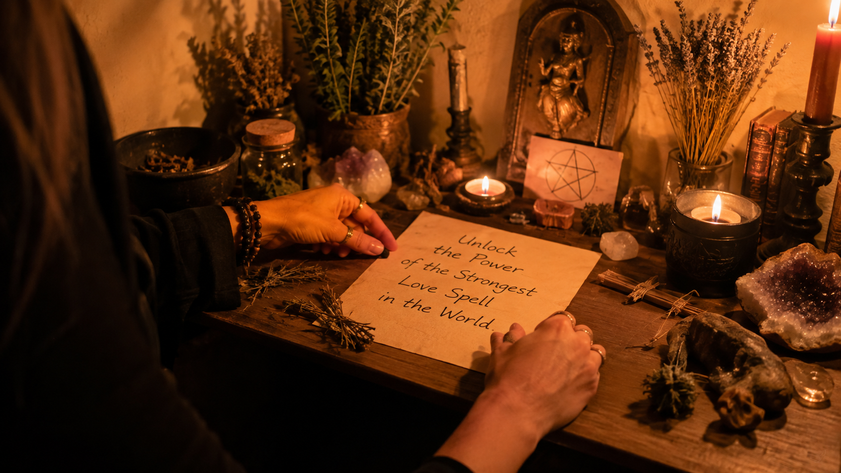romantic candles, red roses, and mystical symbols representing the strongest love spell in the world