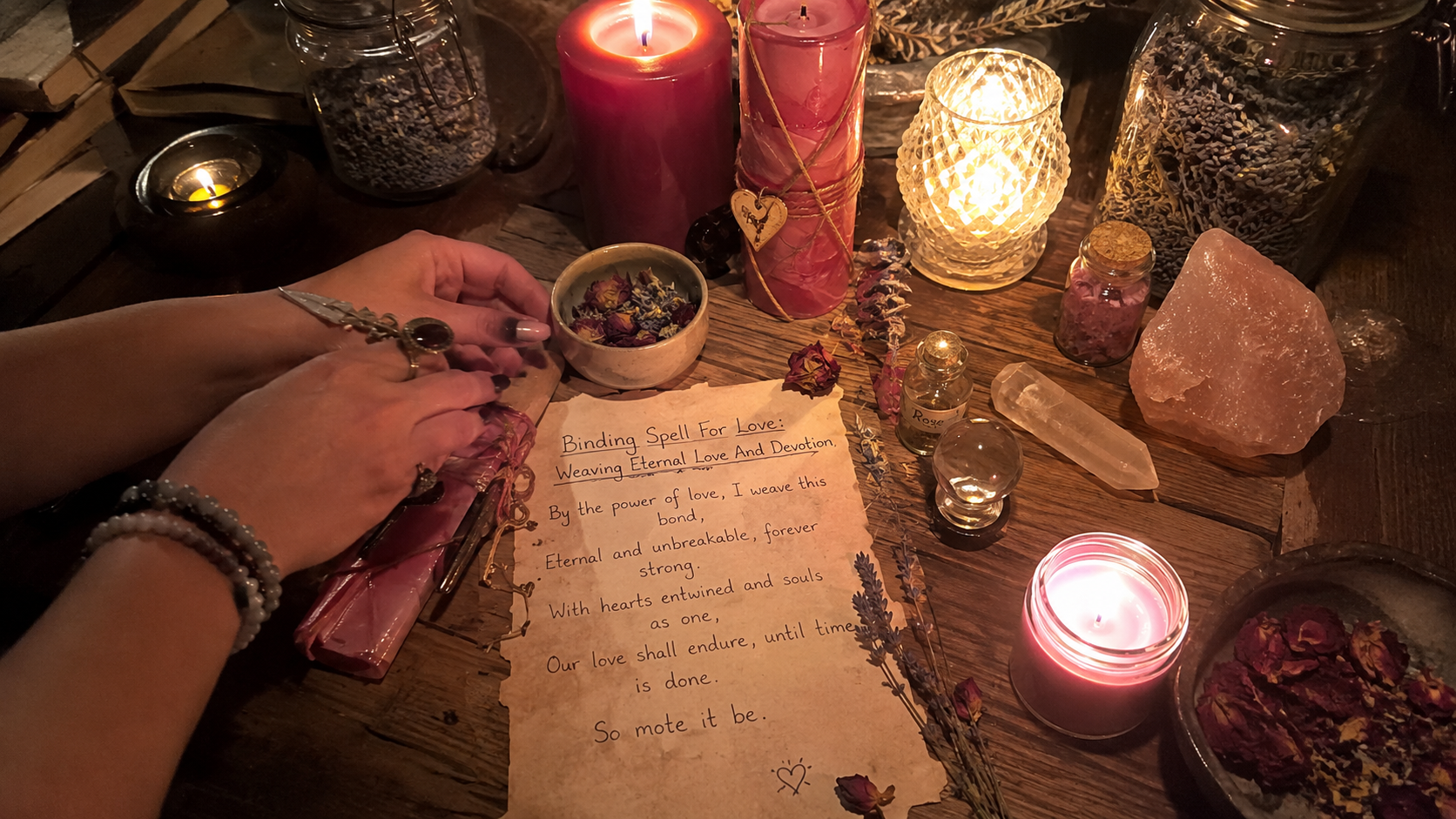 A romantic candlelit altar with red roses, crystals, and parchment for a binding spell for love and eternal devotion