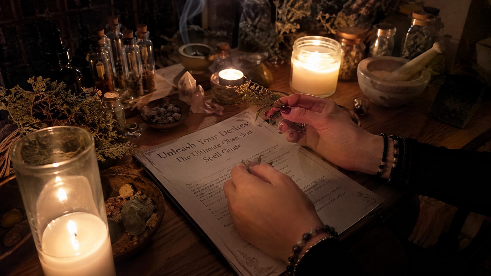 Romantic candle-lit altar with spell ingredients, crystals, and herbs for an obsession spell guide to attract desire