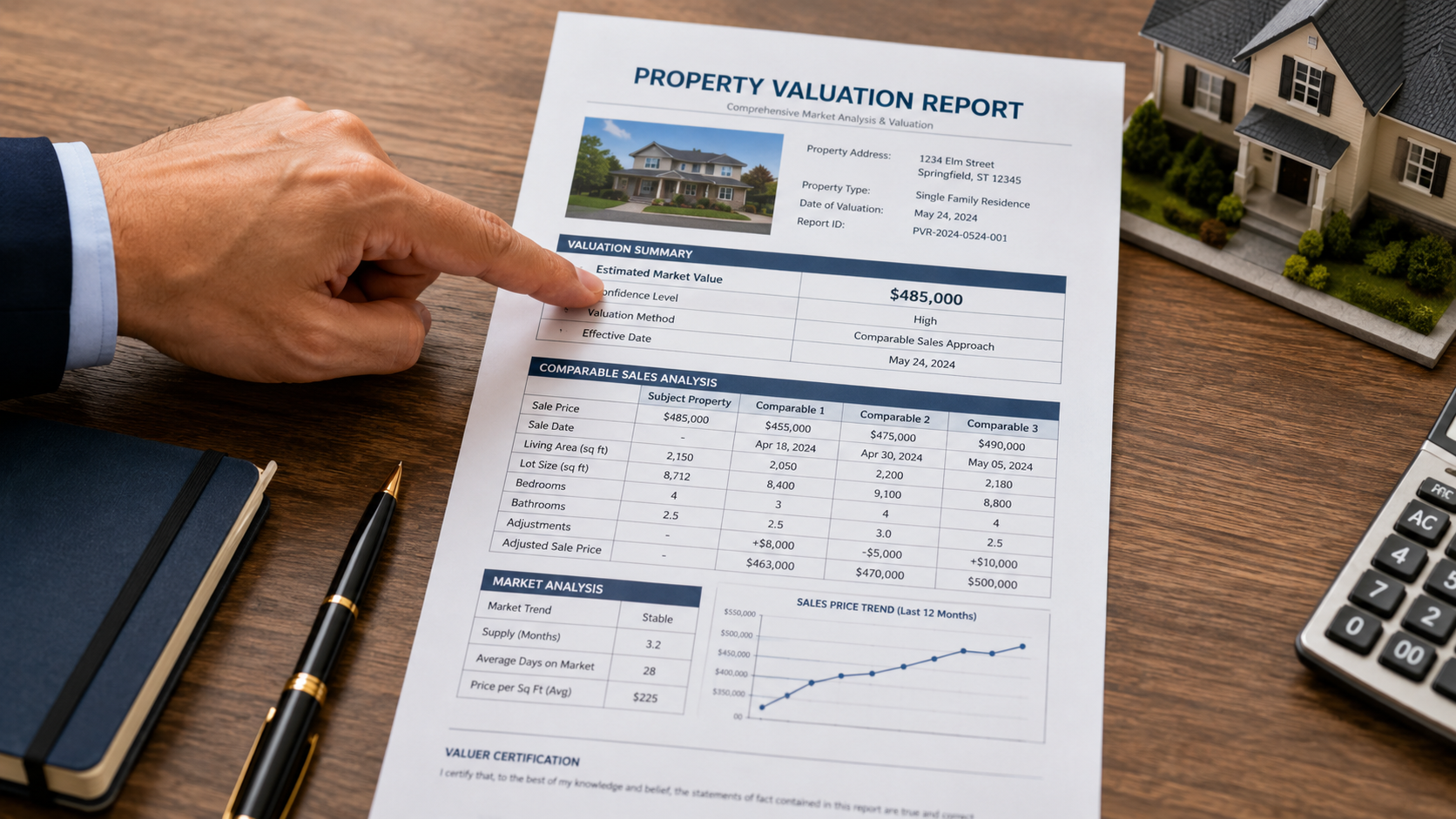 A person pointing to a section of a detailed, official-looking property valuation report document, with a pen nearby, suggesting review and accuracy