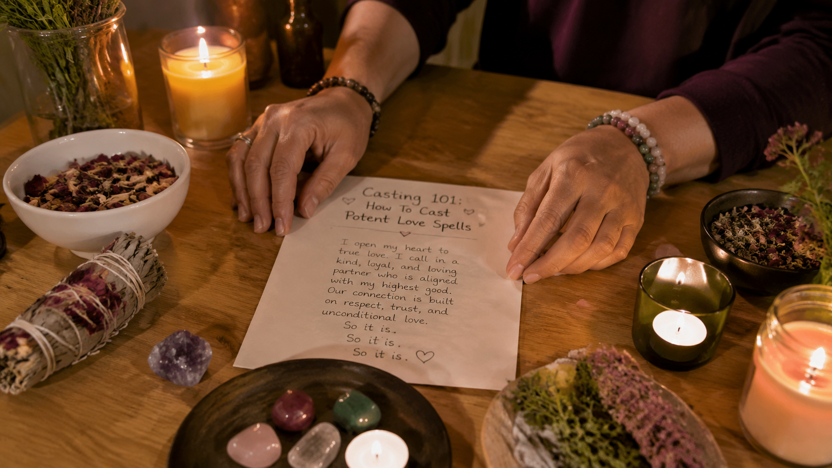 Person casting a potent love spell with candles and crystals in a mystical ritual setting
