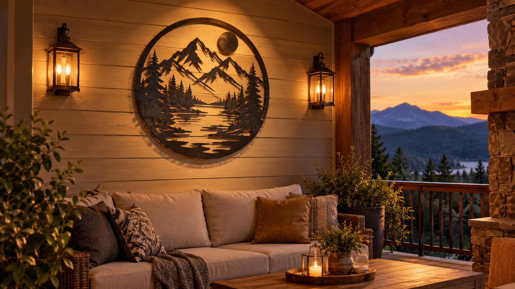 Rustic mountain scene metal art displayed on a covered patio wall