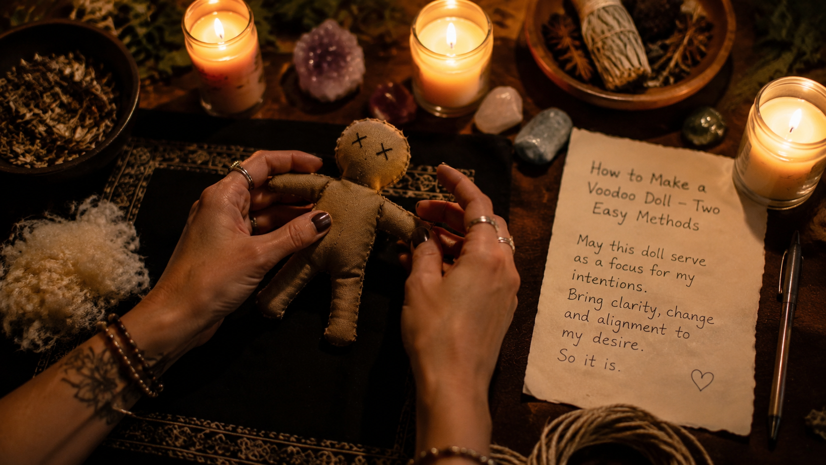 Handmade voodoo doll crafting supplies and finished doll for How to Make a Voodoo Doll with two easy methods