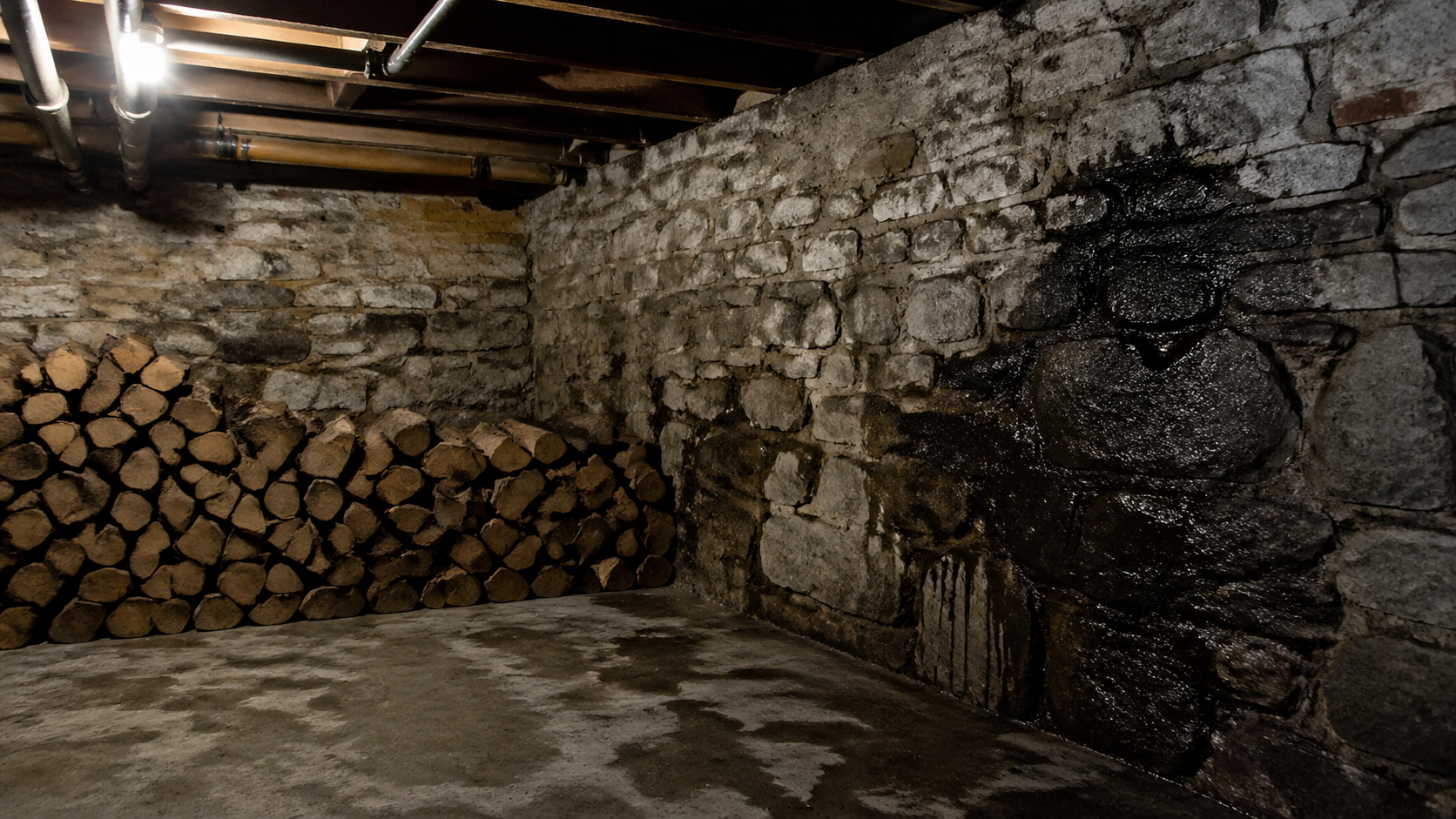 Cave humide avec bois de chauffage stocké contre un mur