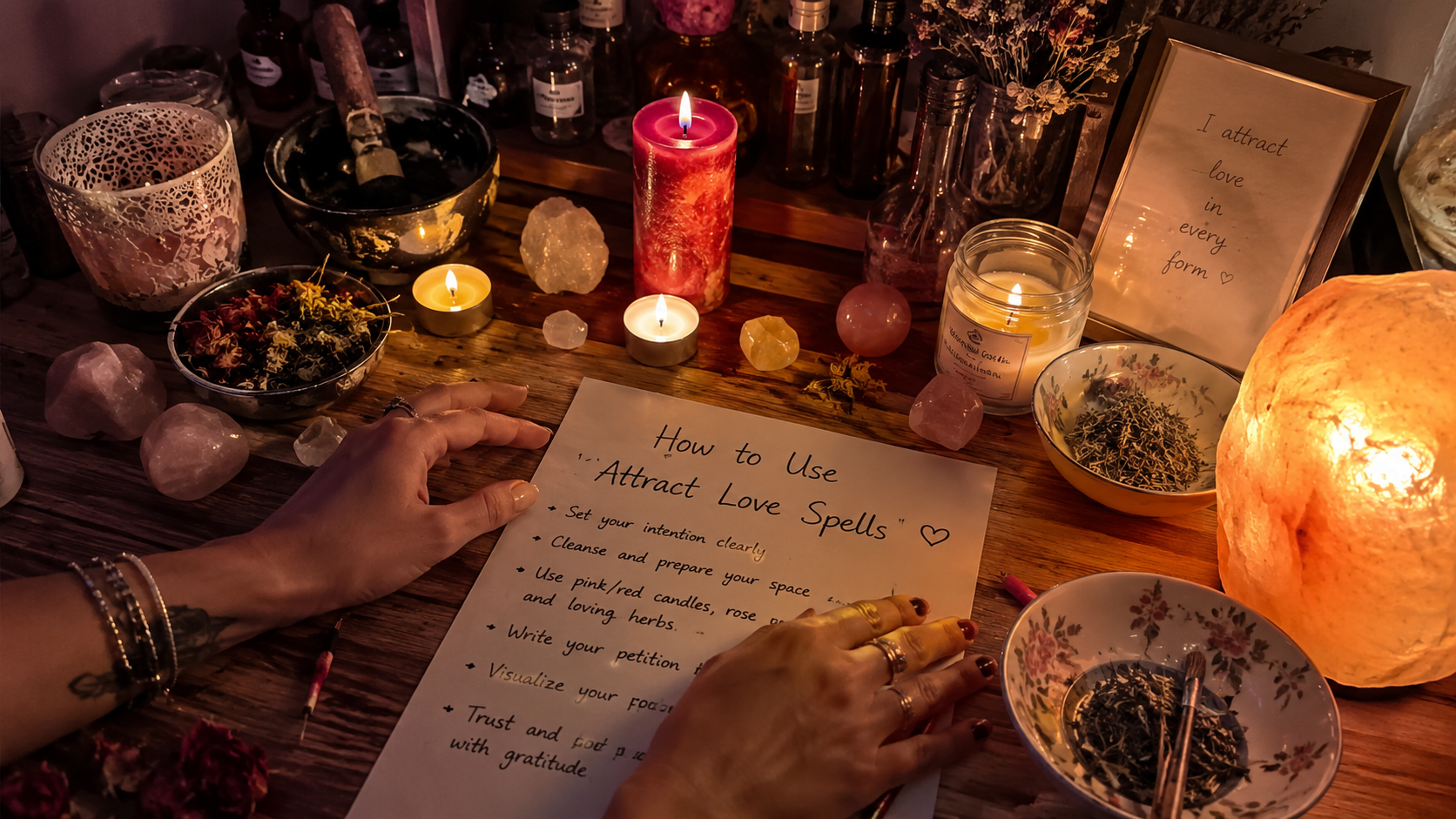 Person performing a candle ritual for an attract love spells guide, with crystals and roses on a wooden altar