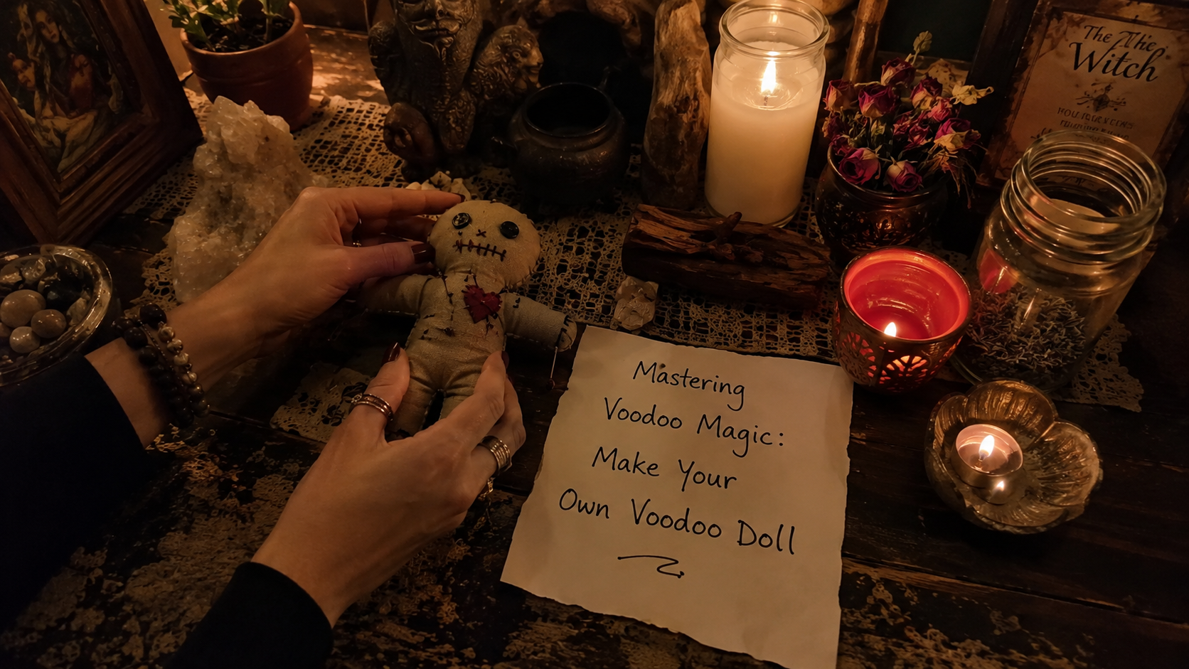 Handmade voodoo doll with pins and fabric details, illustrating a beginner guide to voodoo magic and doll crafting