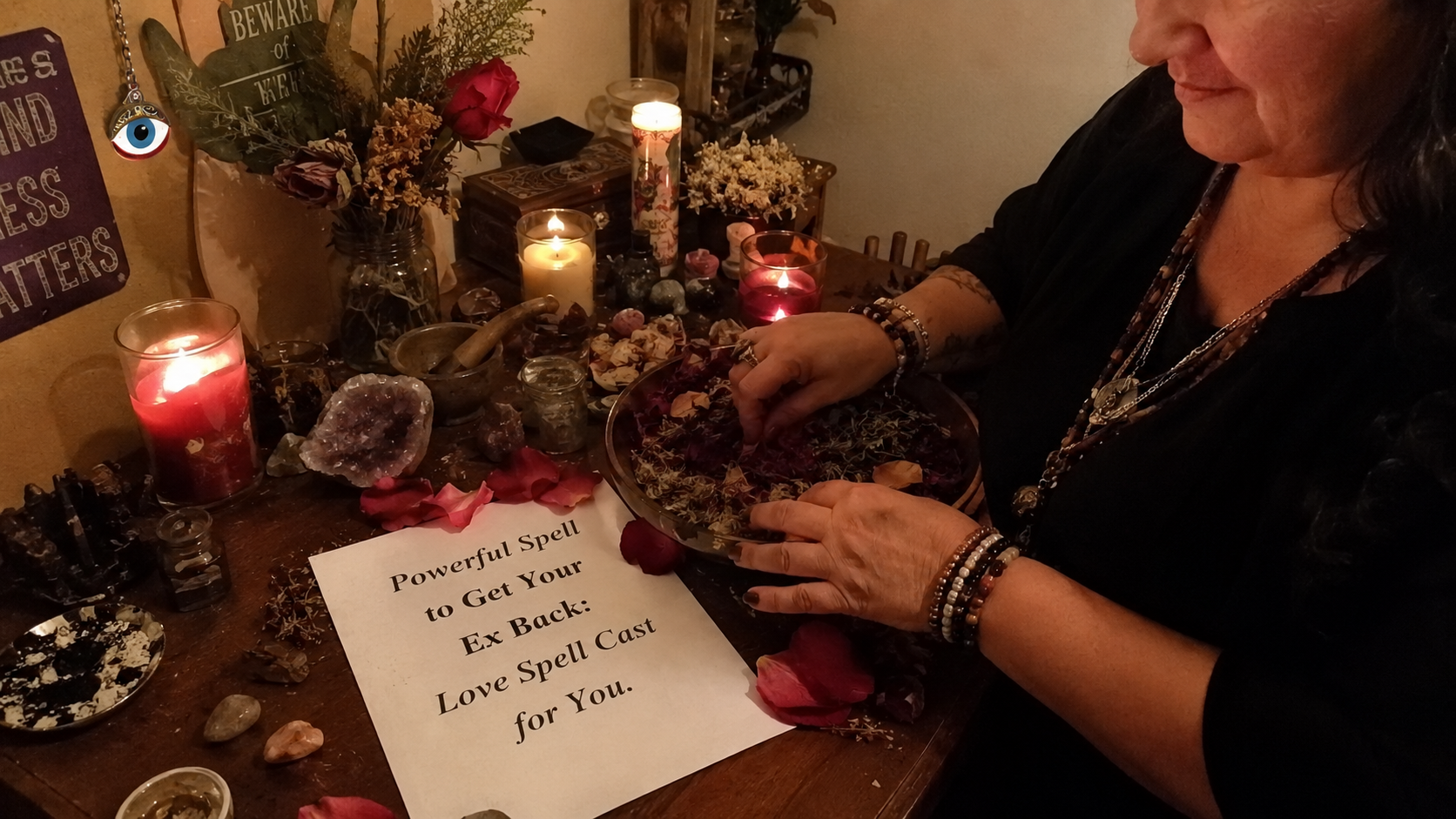 Candlelit love spell setup with crystals and candles, styled for a powerful spell to get your ex back and restore romance