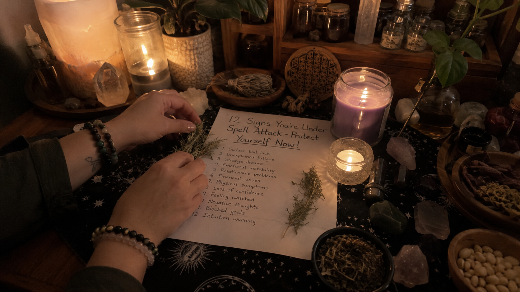 Person shielding themselves from glowing mystical energy, illustrating warning signs of a spell attack and spiritual protection.