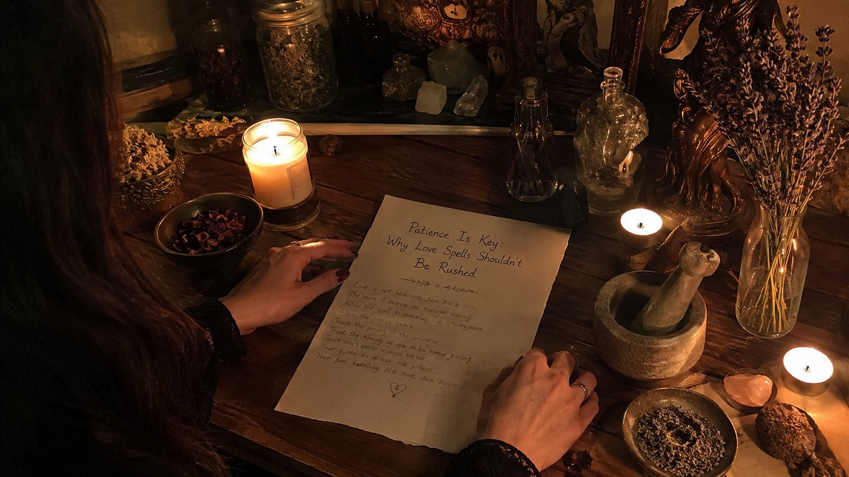 A calm person waiting patiently beside lit candles, symbolizing love spells and the importance of not rushing the process