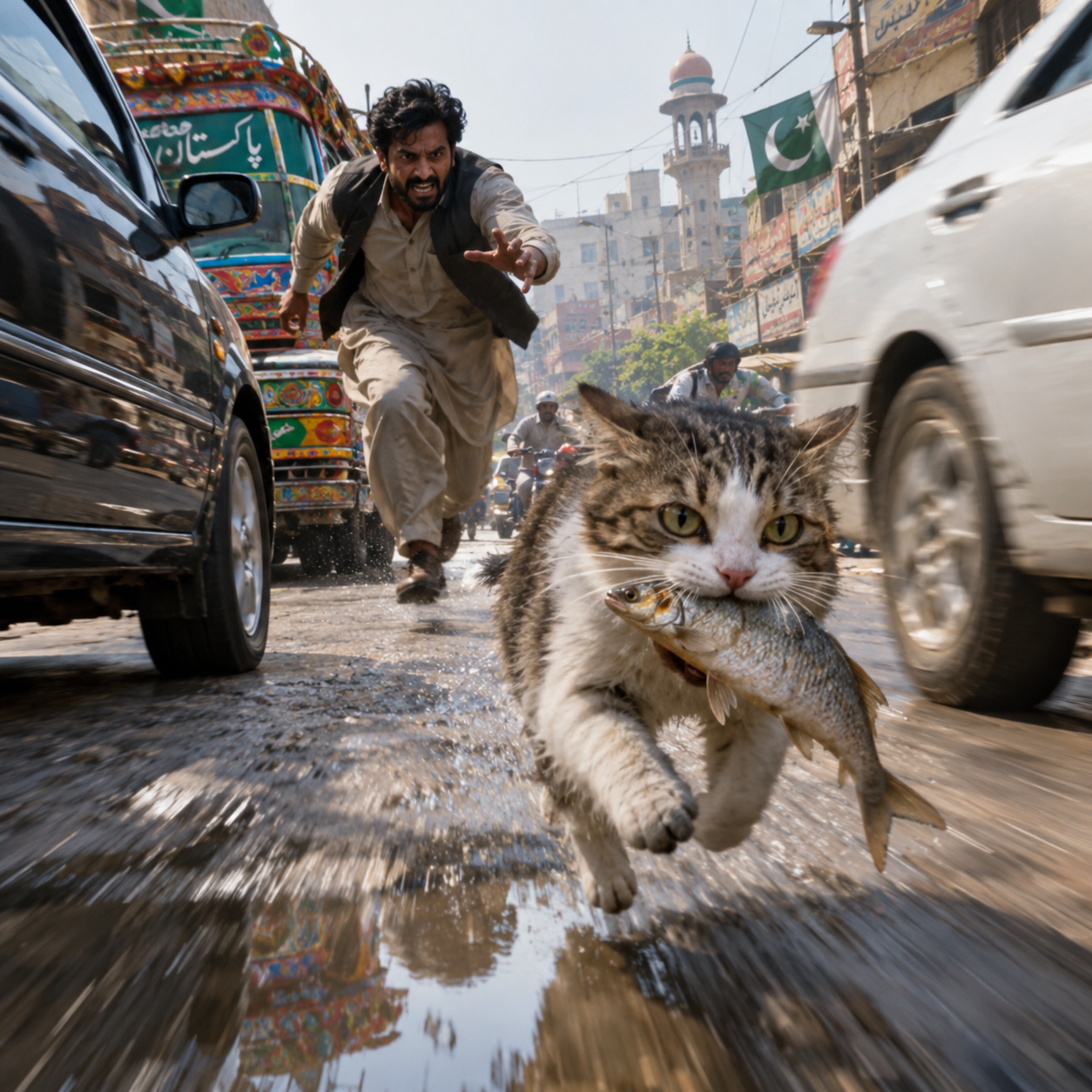 Generate a cat running on a pakistan street grabbing a fish in mouth while a man is chasing him and camera angle cinemat