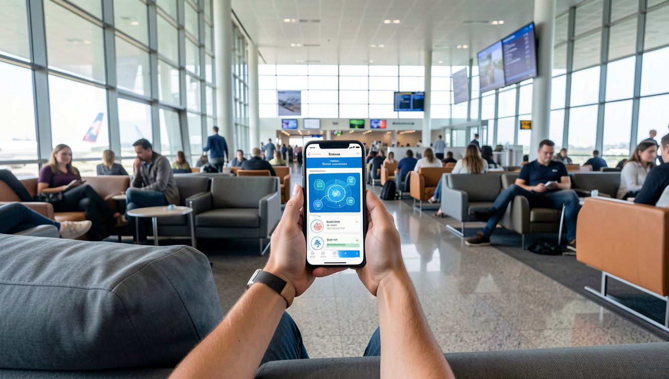 A traveler using a smartphone application displaying advanced artificial intelligence travel planning tools in a modern airport lounge.