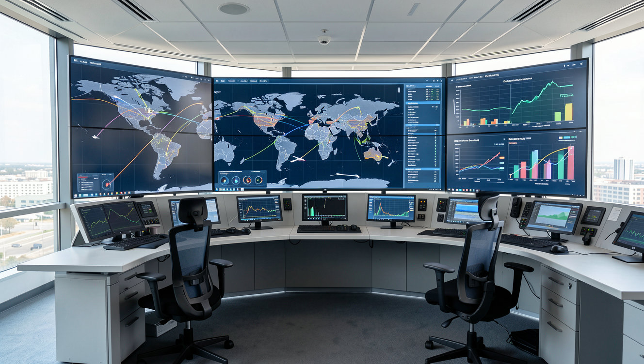 A modern travel technology control room with digital displays showing global flight routes and market analytics.