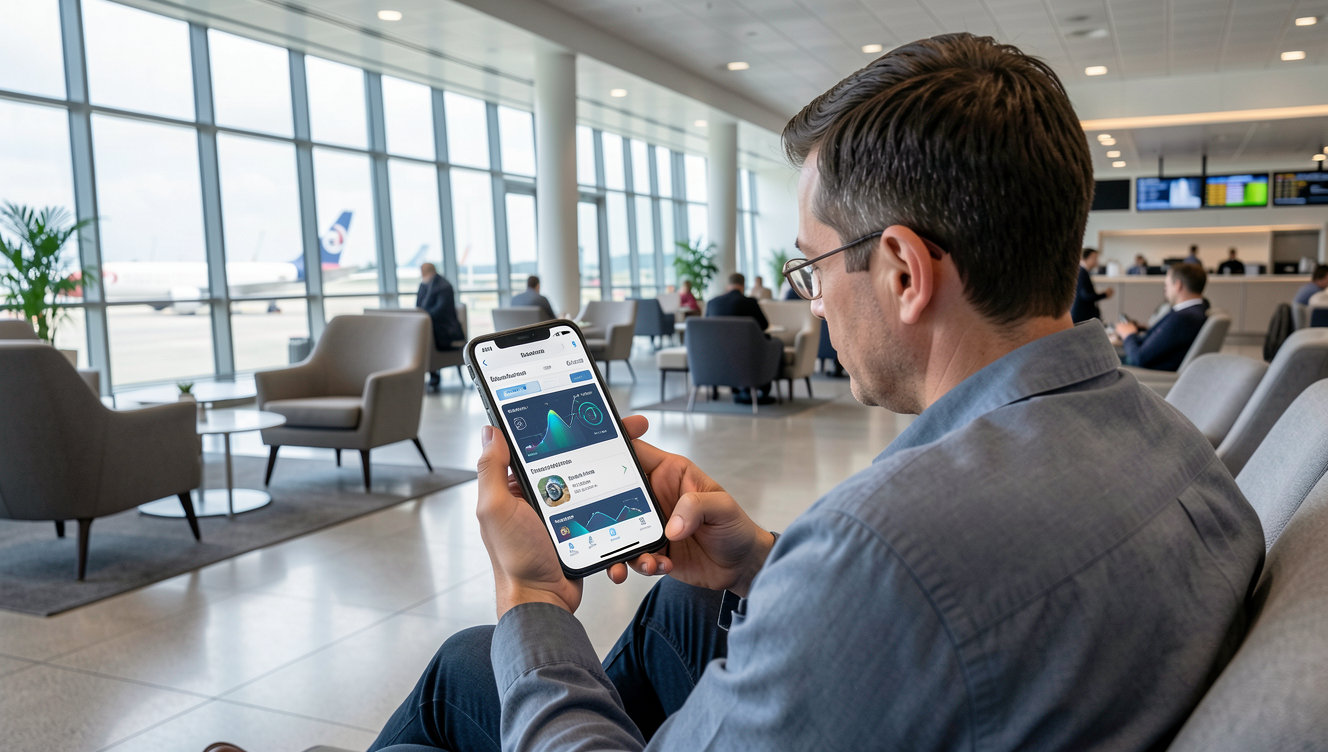 A traveler using a smartphone application displaying advanced artificial intelligence travel planning tools in a modern airport lounge.