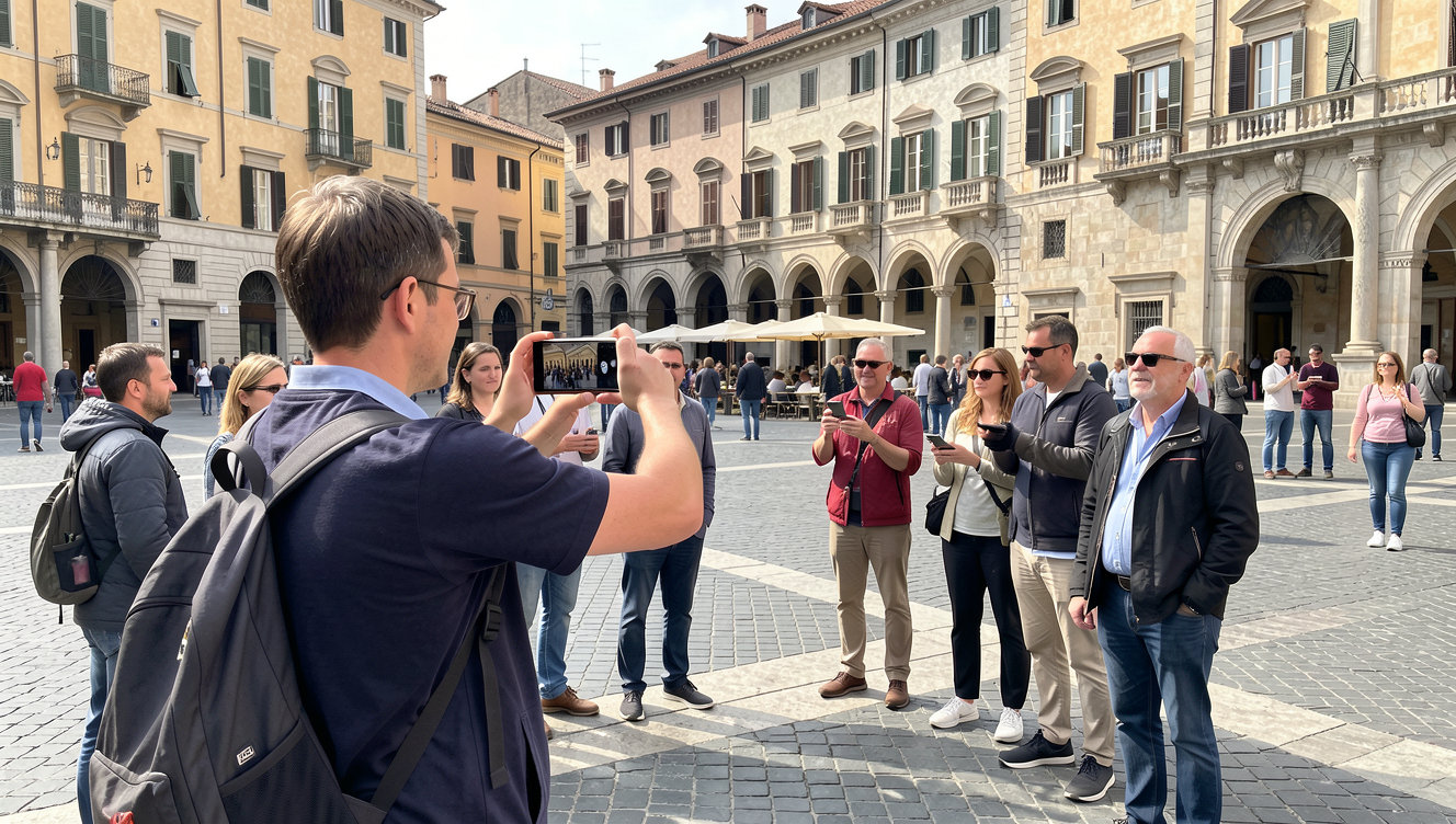 A travel content creator filming a smartphone video while standing on a historic European plaza during a guided tour