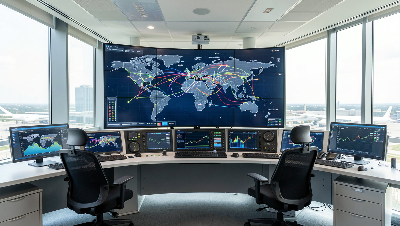 A modern travel technology control room with digital displays showing global flight routes and market analytics.