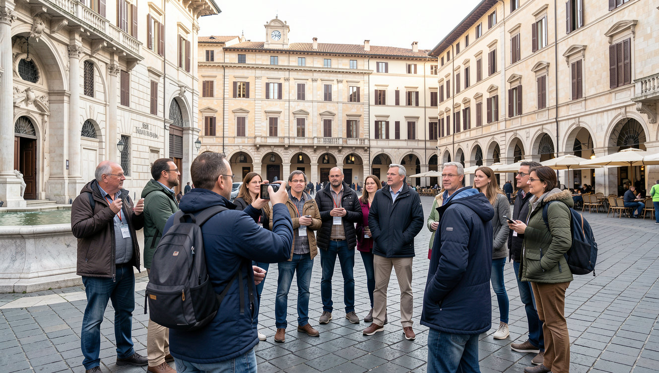 A travel content creator filming a smartphone video while standing on a historic European plaza during a guided tour