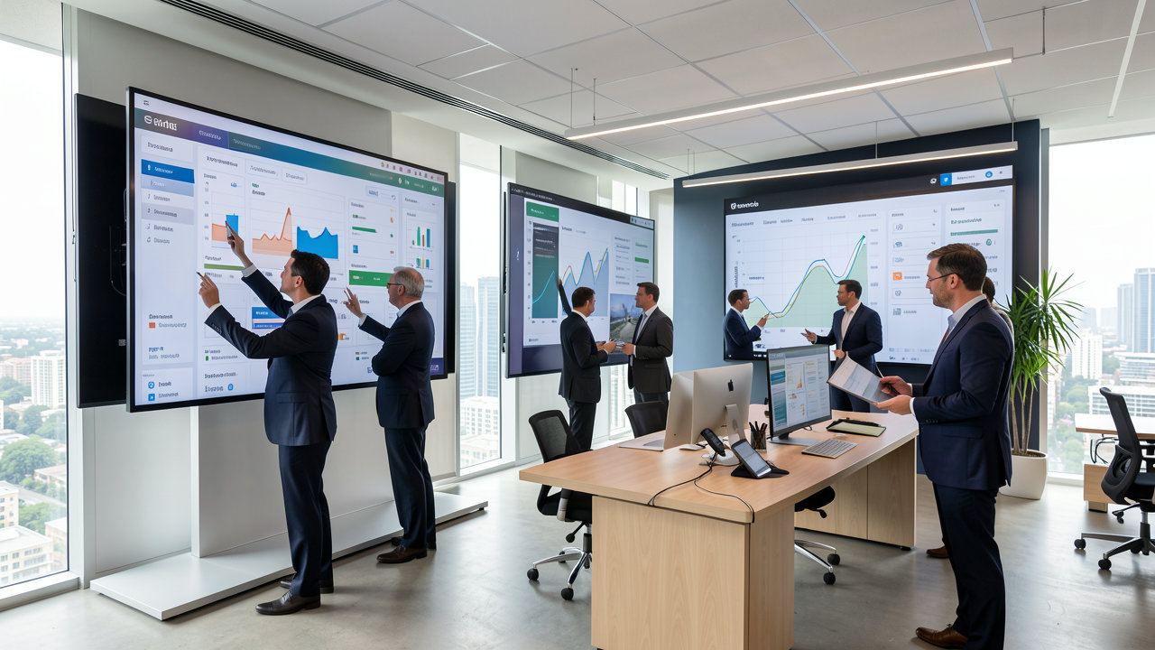 A modern media office interior with travel industry executives analyzing data dashboards on large screens.