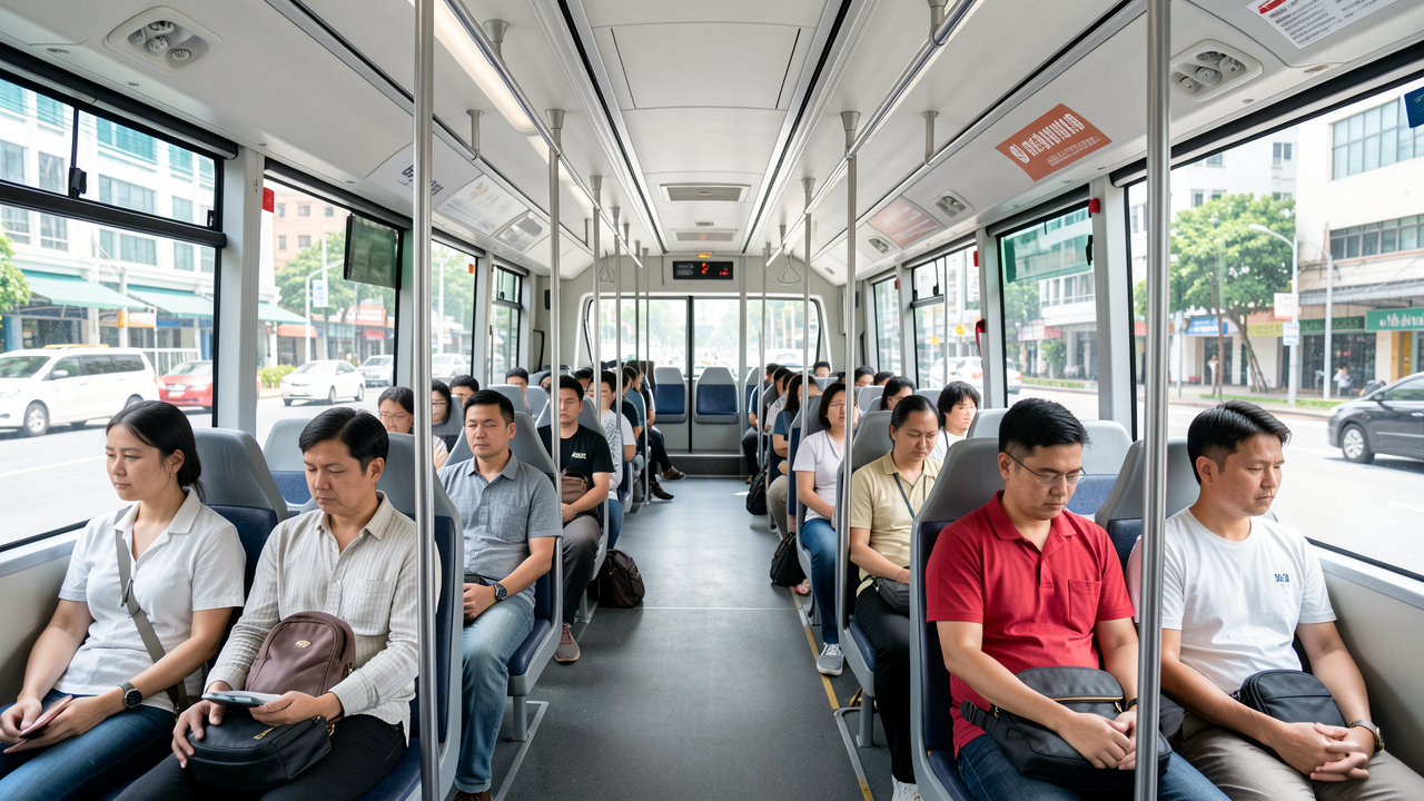A clean, modern public bus interior in Singapore with passengers sitting quietly and orderly.