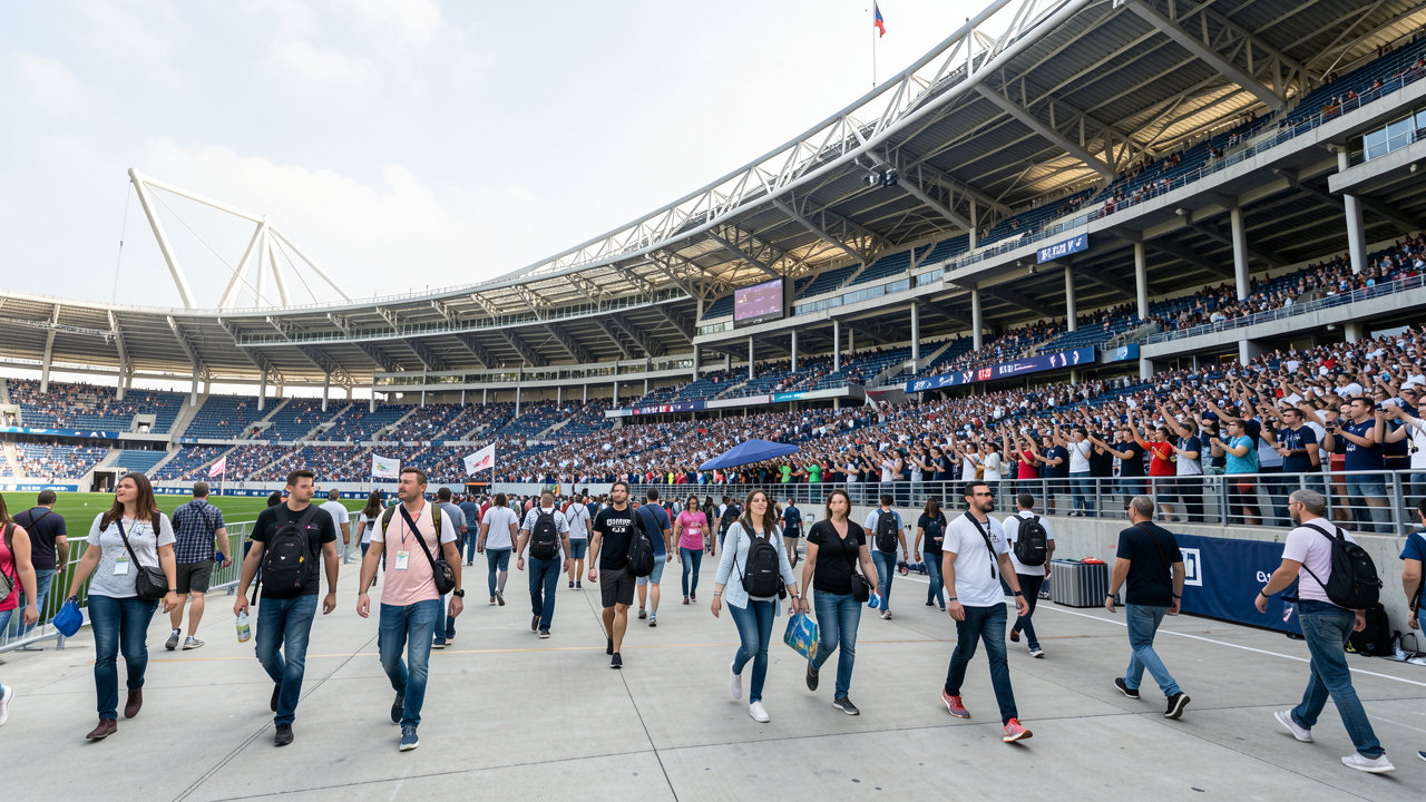 A busy stadium exterior hosting a major sporting event with international travelers and fans walking around.