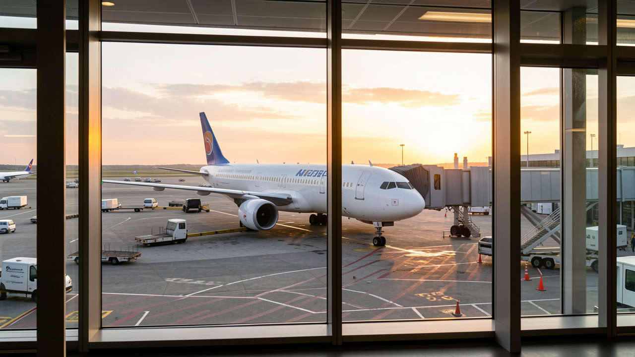 A commercial budget airline aircraft parked at a busy airport gate during sunrise, viewed from the terminal window.