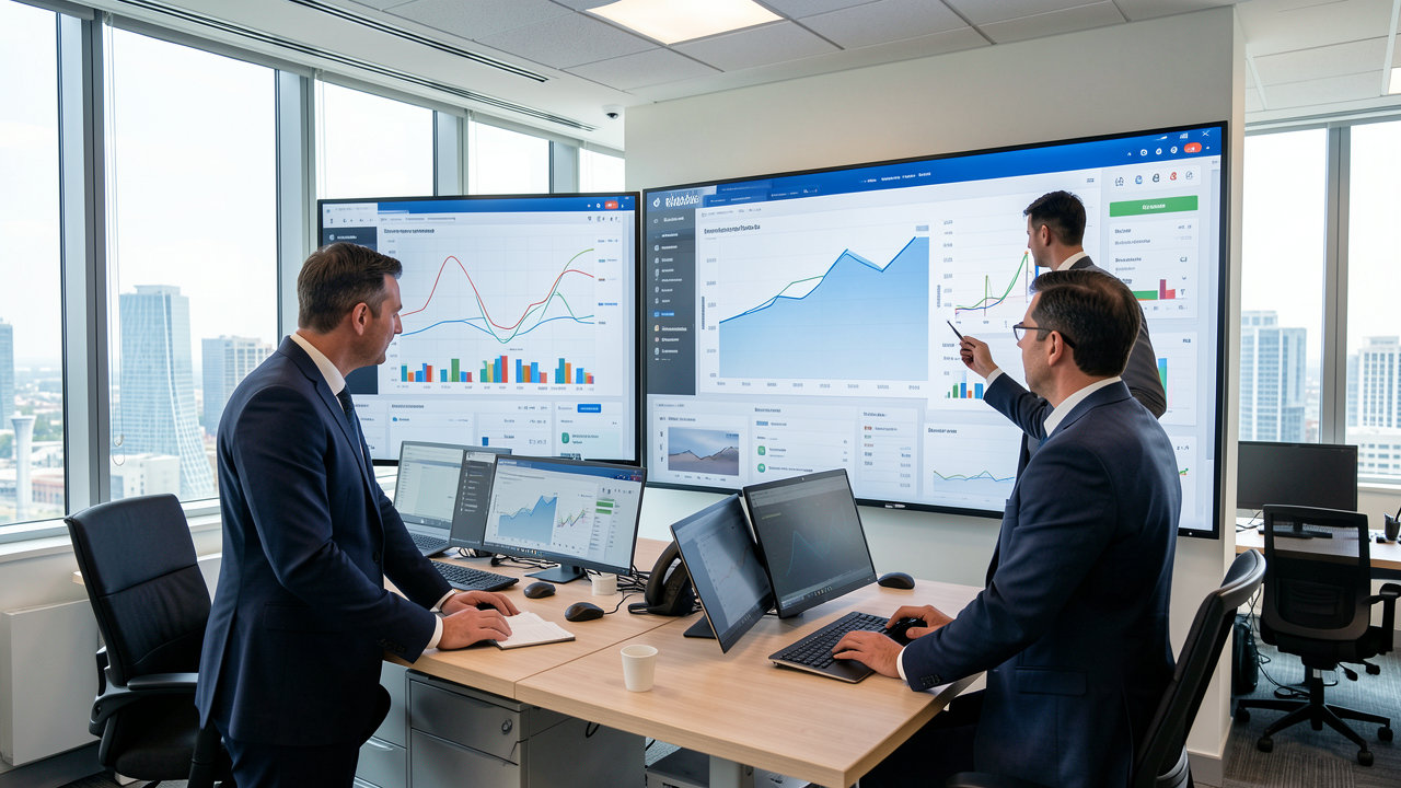 A modern media office interior with travel industry executives analyzing data dashboards on large screens.