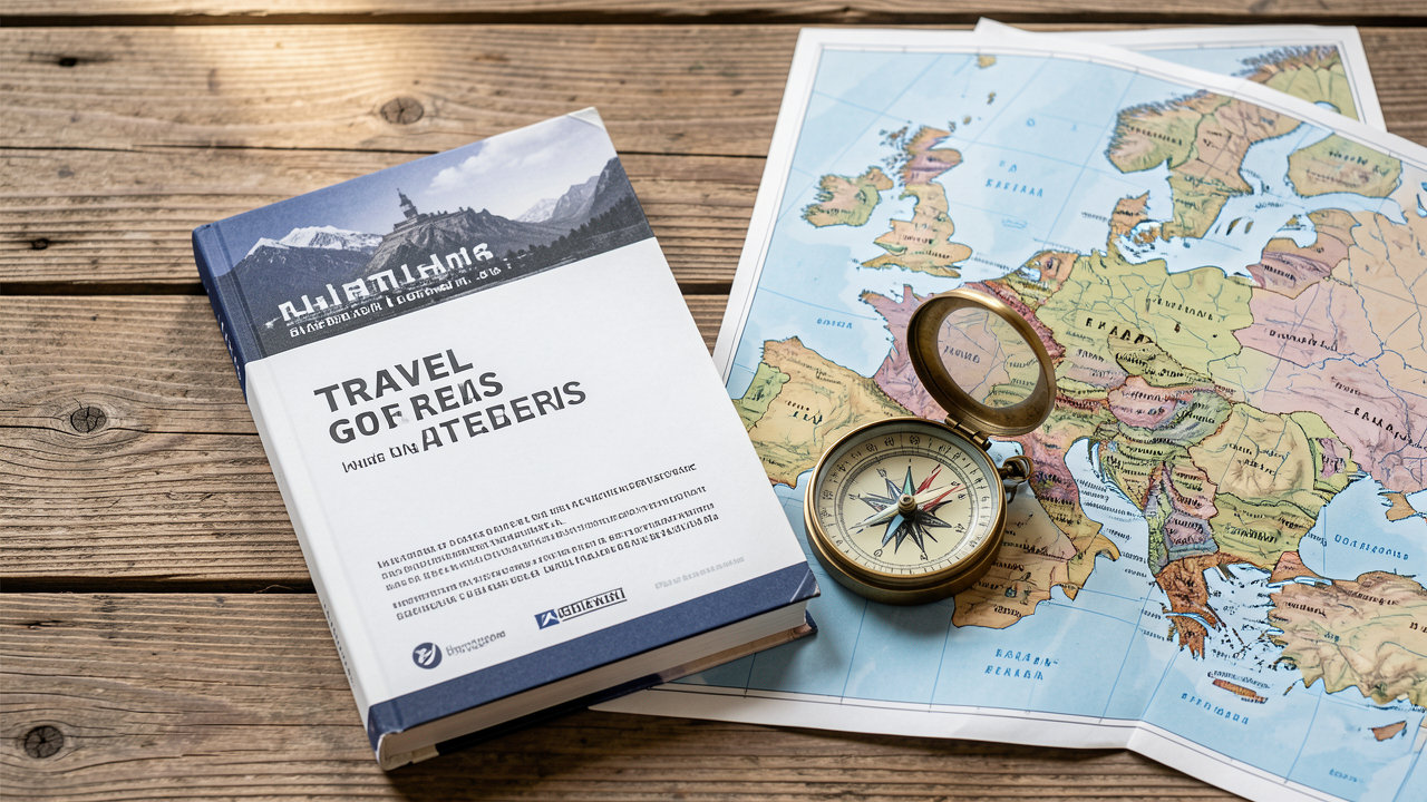 A travel guidebook resting on a wooden table next to a vintage compass and a map of Eastern Europe.