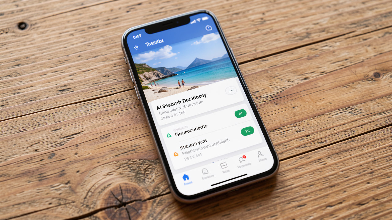 A close-up shot of a smartphone displaying a travel booking app with AI search prompts on a wooden table.