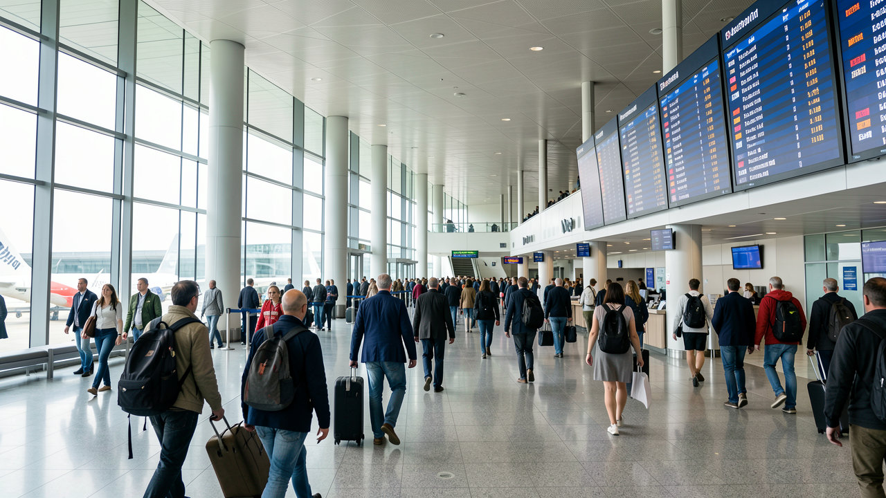A busy modern airport terminal filled with travelers walking past departure boards and large glass windows.