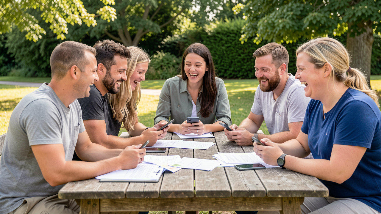 A group of friends sitting around a wooden table outdoors, laughing and looking at travel expense notes and smartphones.