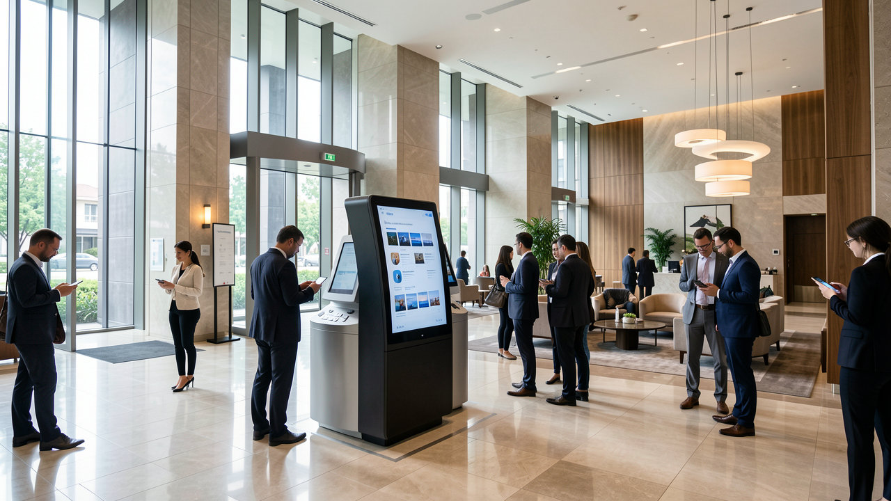 A sleek modern hotel lobby with a digital kiosk and guests interacting with mobile devices.
