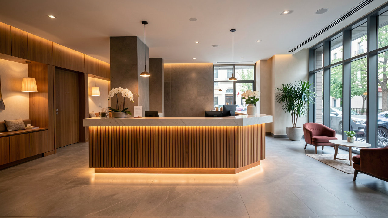 A modern boutique hotel lobby with a sleek front desk and warm ambient lighting, representing Airbnb's hotel expansion.
