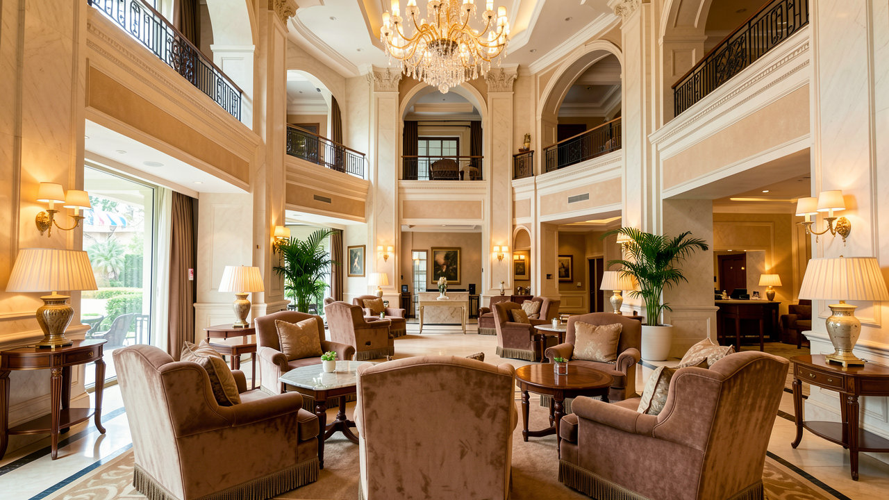 An elegant luxury hotel lobby with high ceilings, plush seating, and warm lighting welcoming visitors.
