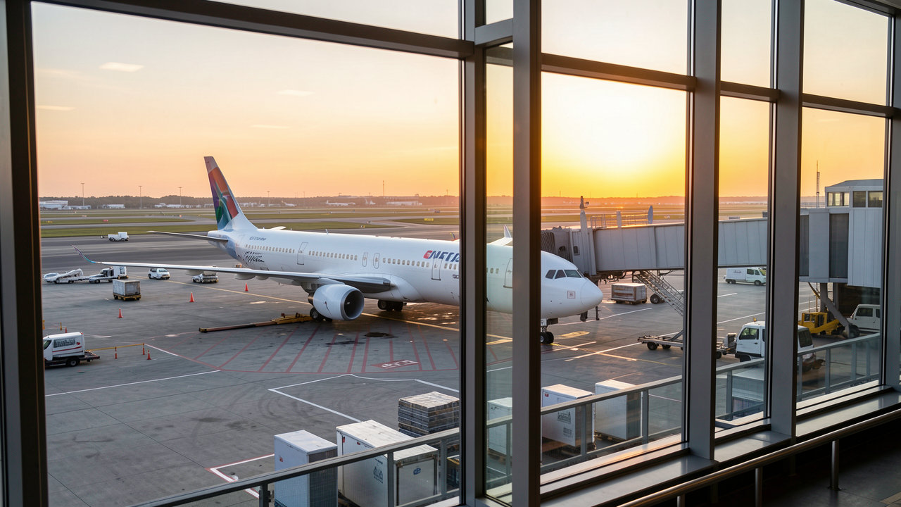 A commercial budget airline aircraft parked at a busy airport gate during sunrise, viewed from the terminal window.