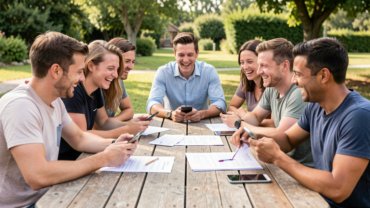 A group of friends sitting around a wooden table outdoors, laughing and looking at travel expense notes and smartphones.