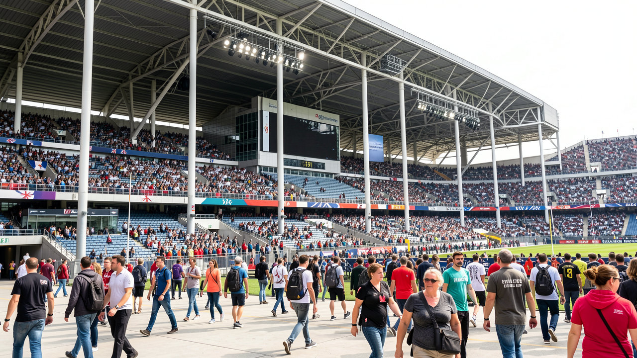 A busy stadium exterior hosting a major sporting event with international travelers and fans walking around.