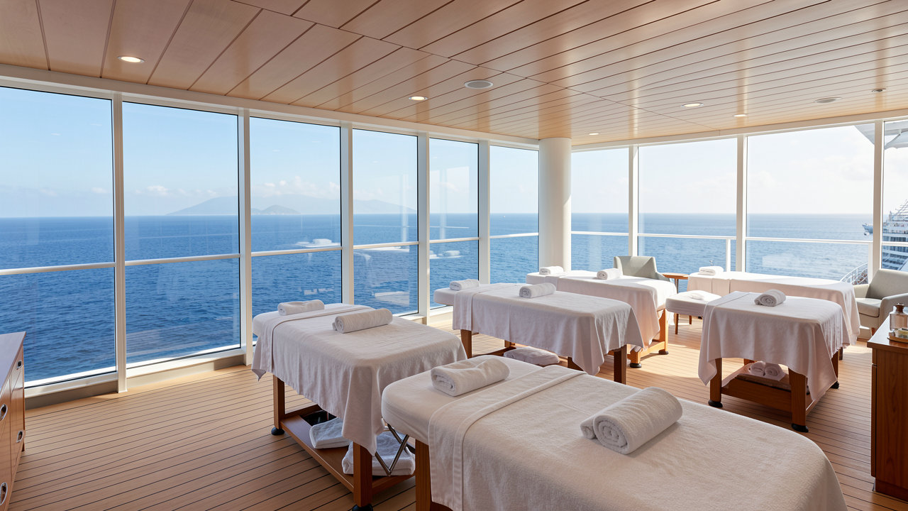 A luxury spa and wellness area onboard a modern cruise ship with ocean views and massage tables.