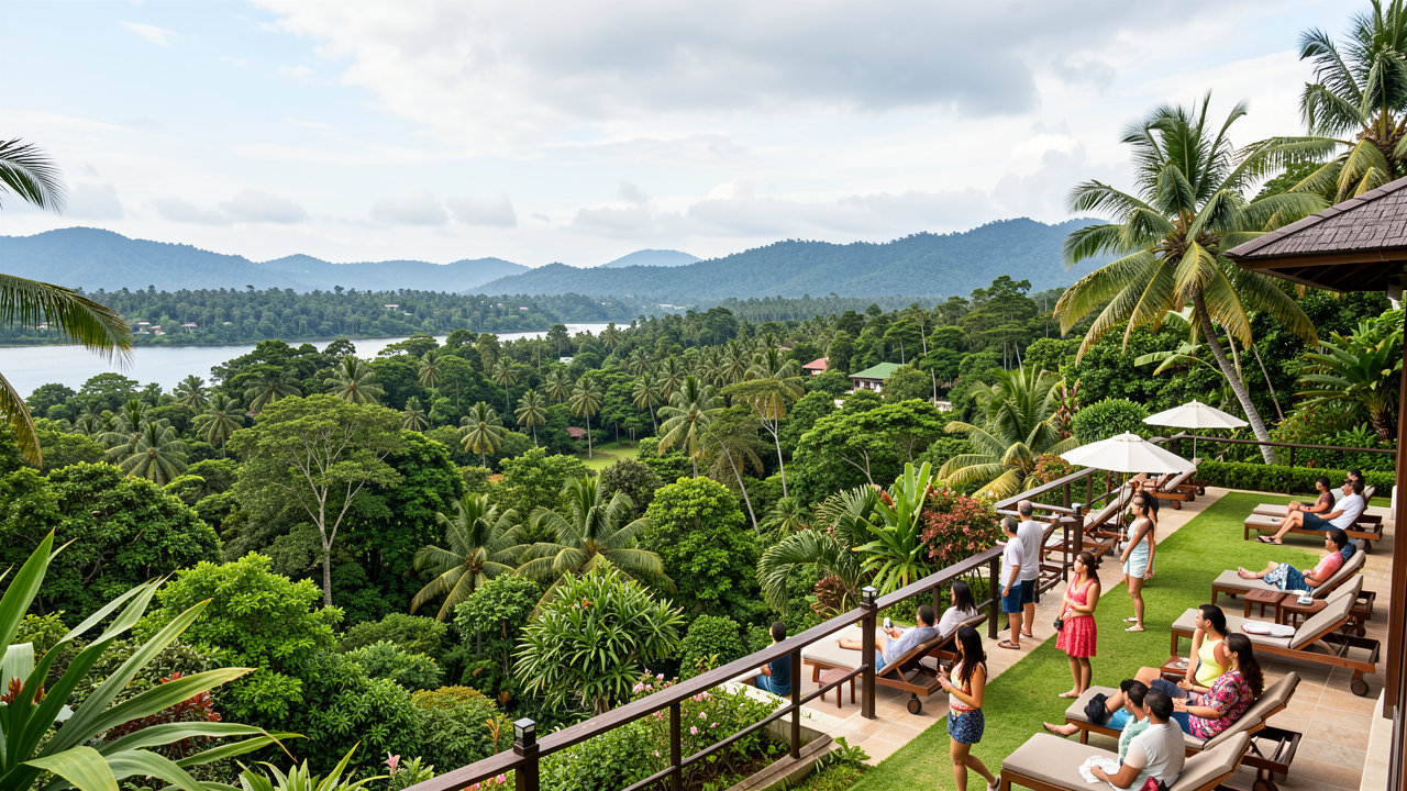 A scenic view of a luxury resort overlooking a lush green landscape in Sri Lanka with tourists enjoying the view.