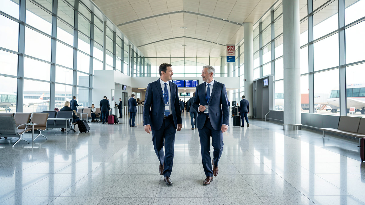 Two business leaders walking through a modern airport terminal discussing investments.