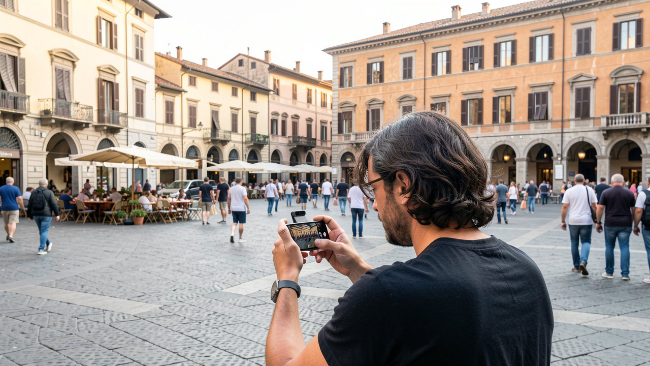 A digital content creator filming a travel vlog on a smartphone in a bustling European piazza.