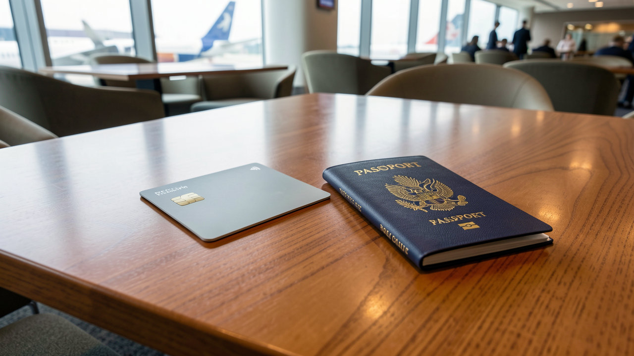 A sleek premium credit card sitting next to an airline passport cover on a polished wooden airport lounge table.
