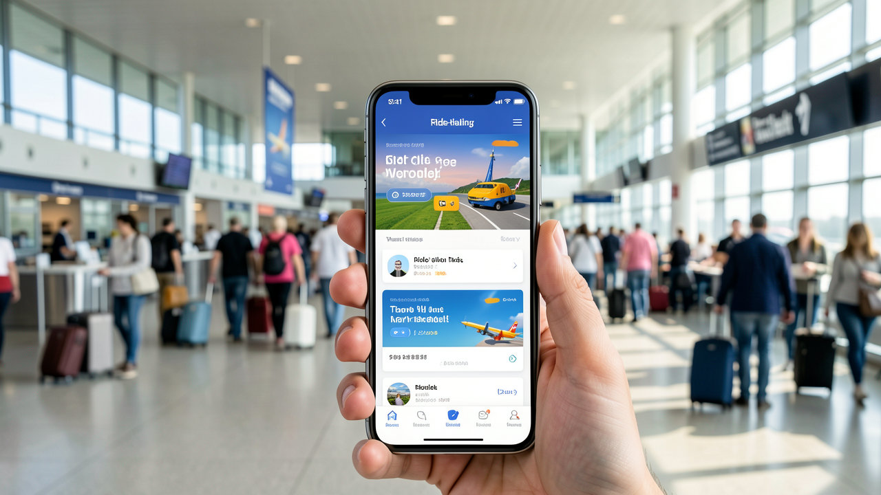A smartphone displaying a ride-hailing and travel booking app screen against a blurred background of a busy airport terminal.