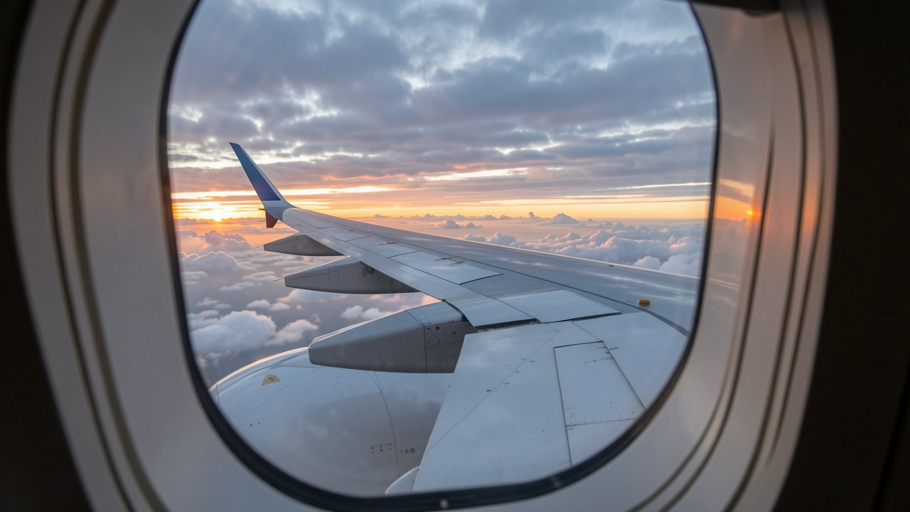 An airplane wing view from a cabin window against a cloudy sky during sunset, representing sustainable aviation fuel initiatives.
