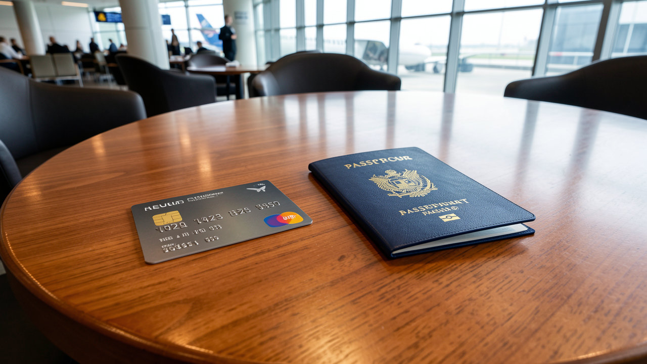 A sleek premium credit card sitting next to an airline passport cover on a polished wooden airport lounge table.