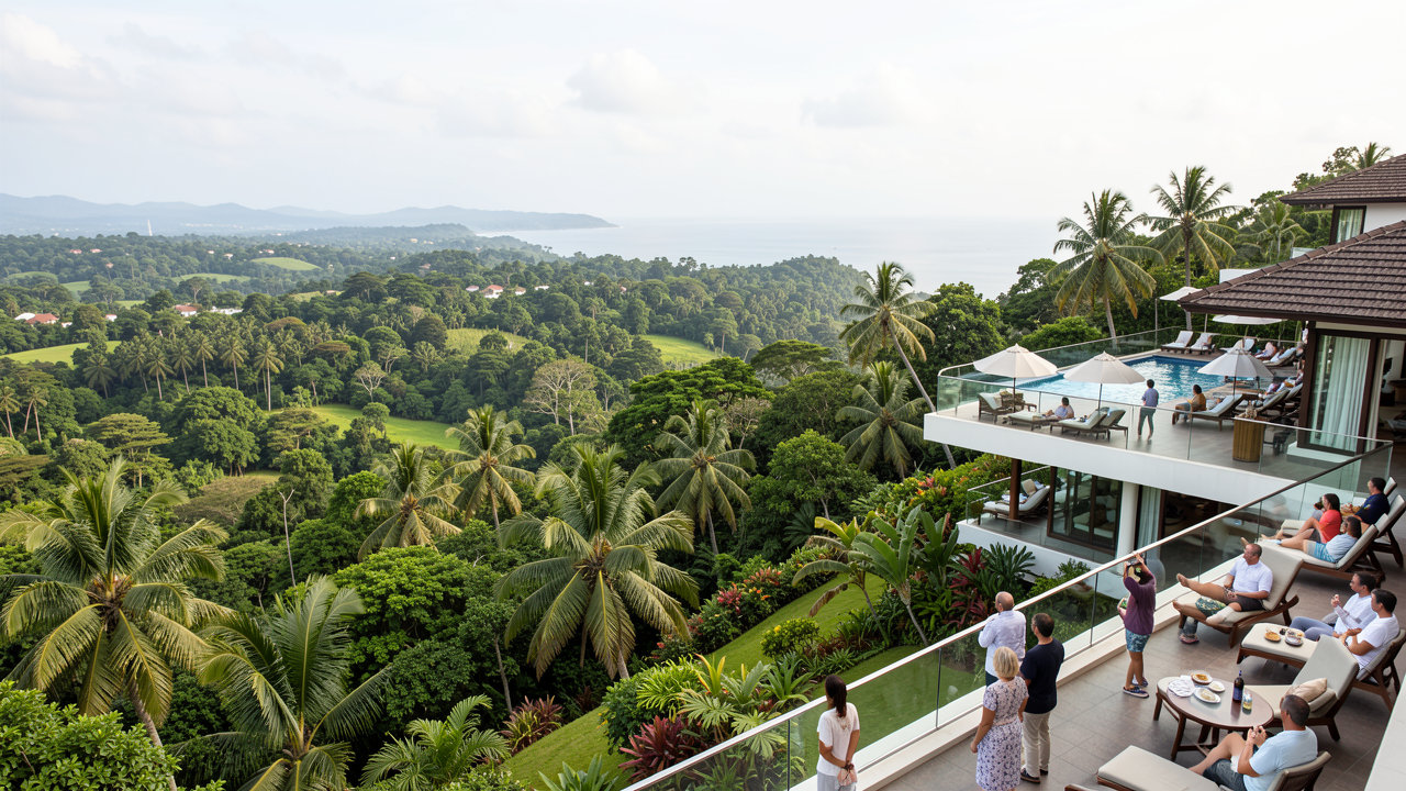 A scenic view of a luxury resort overlooking a lush green landscape in Sri Lanka with tourists enjoying the view.