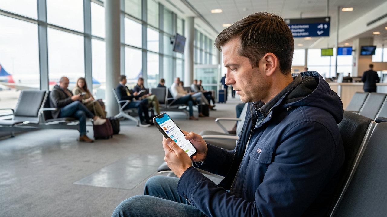 A traveler sitting in an airport lounge looking intently at a smartphone screen displaying travel itineraries.