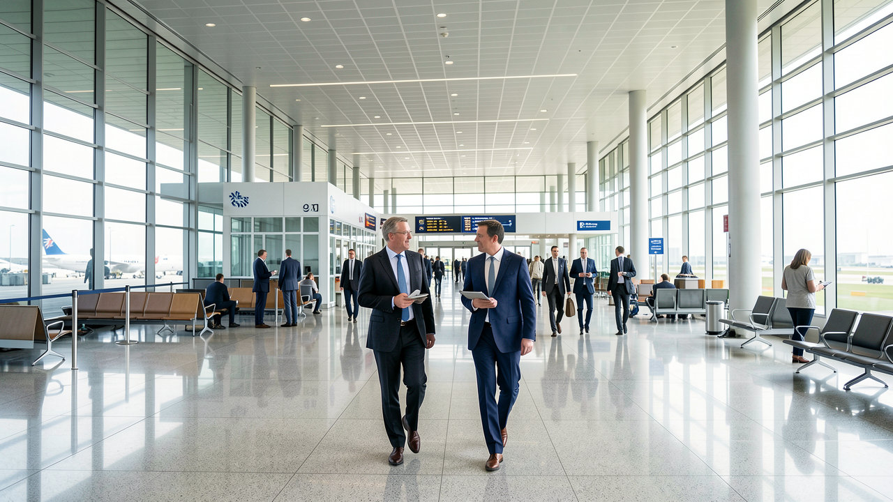 Two business leaders walking through a modern airport terminal discussing investments.
