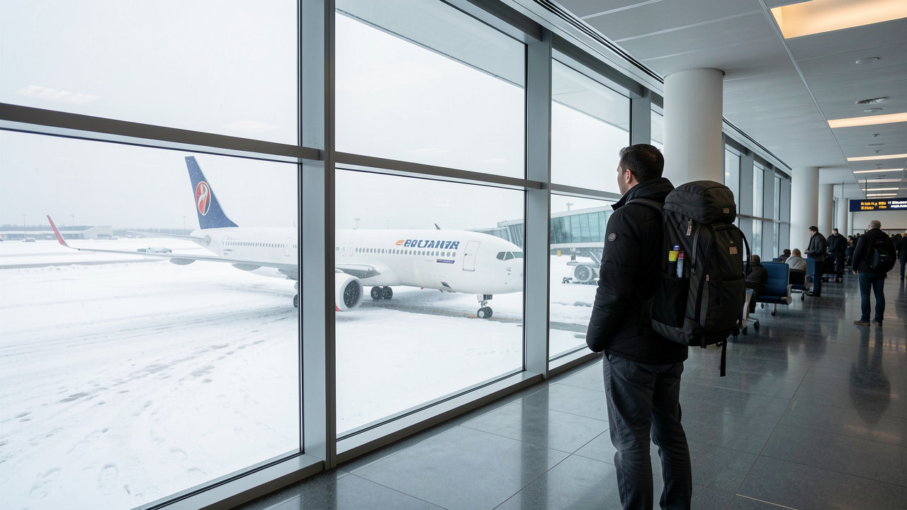 A traveler looking out a snowy airport terminal window at a commercial airliner during winter.